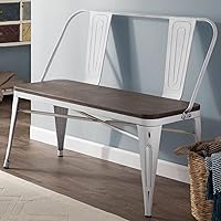 YOLENY 42in Farmhouse Dining Bench with Removable Backrest, Industrial Metal Frame & Rustic Wood Seat, 3-Person Entryway Bench, White