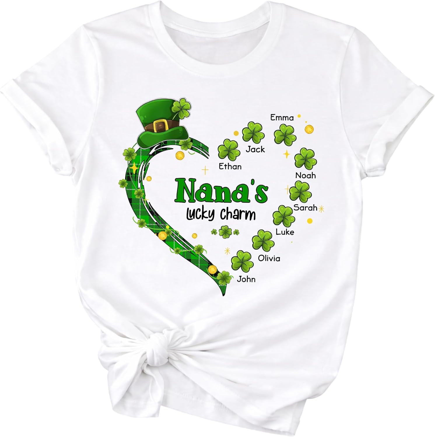 Nanas Lucky Charm Shirt Personalized Nana Shirt with Kids Names Green Plaid Heart Shamrock St Patricks Day Family Shirt Custom Nana Top for Women - Image 4