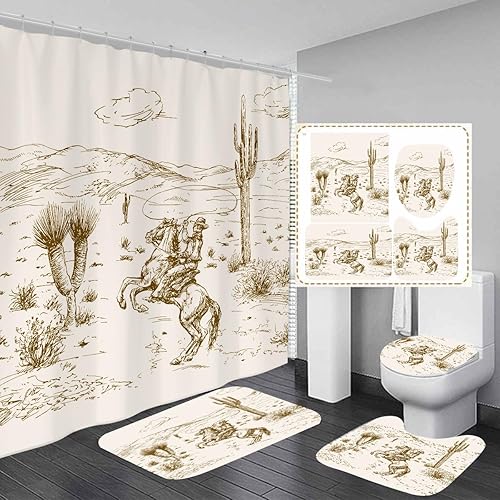 AAtter Juego de 4 cortinas de ducha de vaquero occidental del desierto azteca del suroeste para hombres y niños, cactus de caballo de 60 pulgadas de