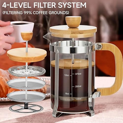 Miniatura 2 de 21 Ounces French Press Coffee Maker, Durable Bamboo Lid Handle Coffee Press, 4 Filters System, Heat Resistant Thickness Borosilicate Glass Beaker,