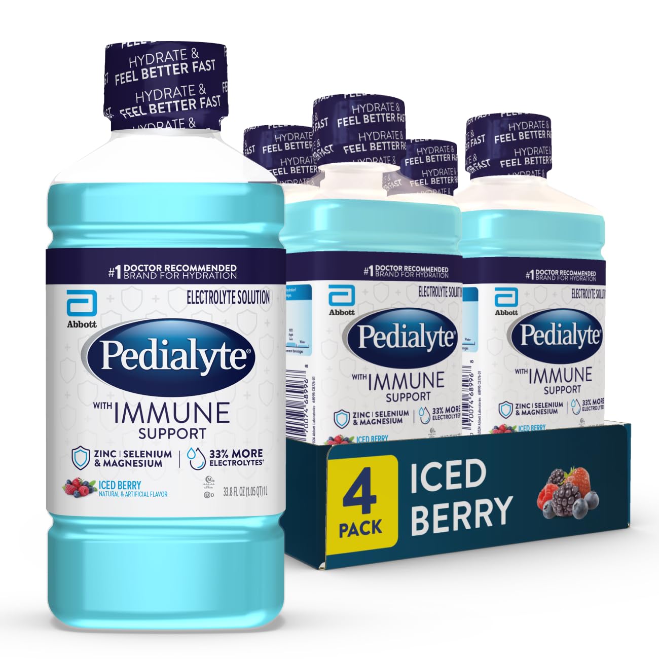 Pedialytewith Immune Support Electrolyte Solution, Hydration Drink with Zinc, Selenium, and Magnesium, Iced Berry, 1 Liter, Pack of 4