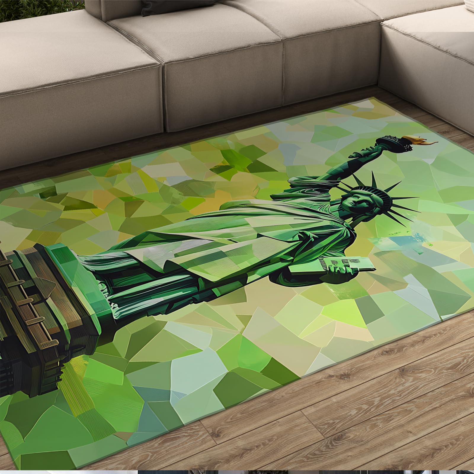 Tapis de Conception esthétique 160x200cm - Vert dégradé Abstrait géométrique Statue de la Liberté Motif antidérapant à Poils Ras Mince Tapis pour Le Bureau