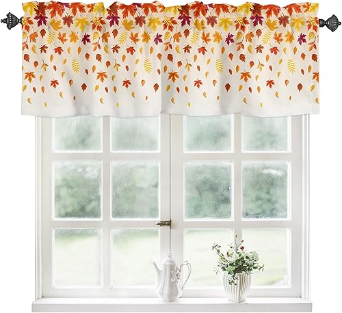 Cenefa de otoño para ventanas, cortinas de hojas de arce, cenefas de Acción de Gracias, cenefa con bolsillo para barra, tratamientos de ventana,