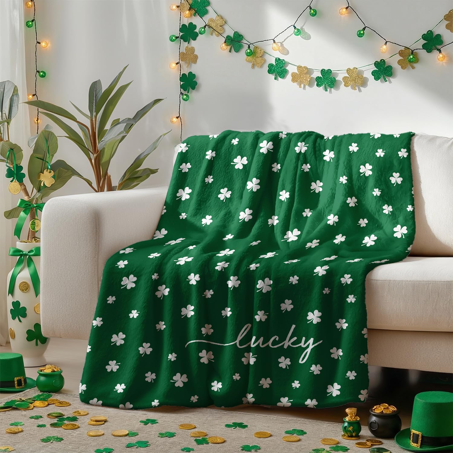 Horaldaily St. Patrick's Day Flannel Blanket Throw, Irish Clover Shamrock Green Soft Fuzzy Plush Cozy Fleece Blankets for Couch Sofa Bed Lounging, Ideal Gifts for Kids Adults Self, 50x60