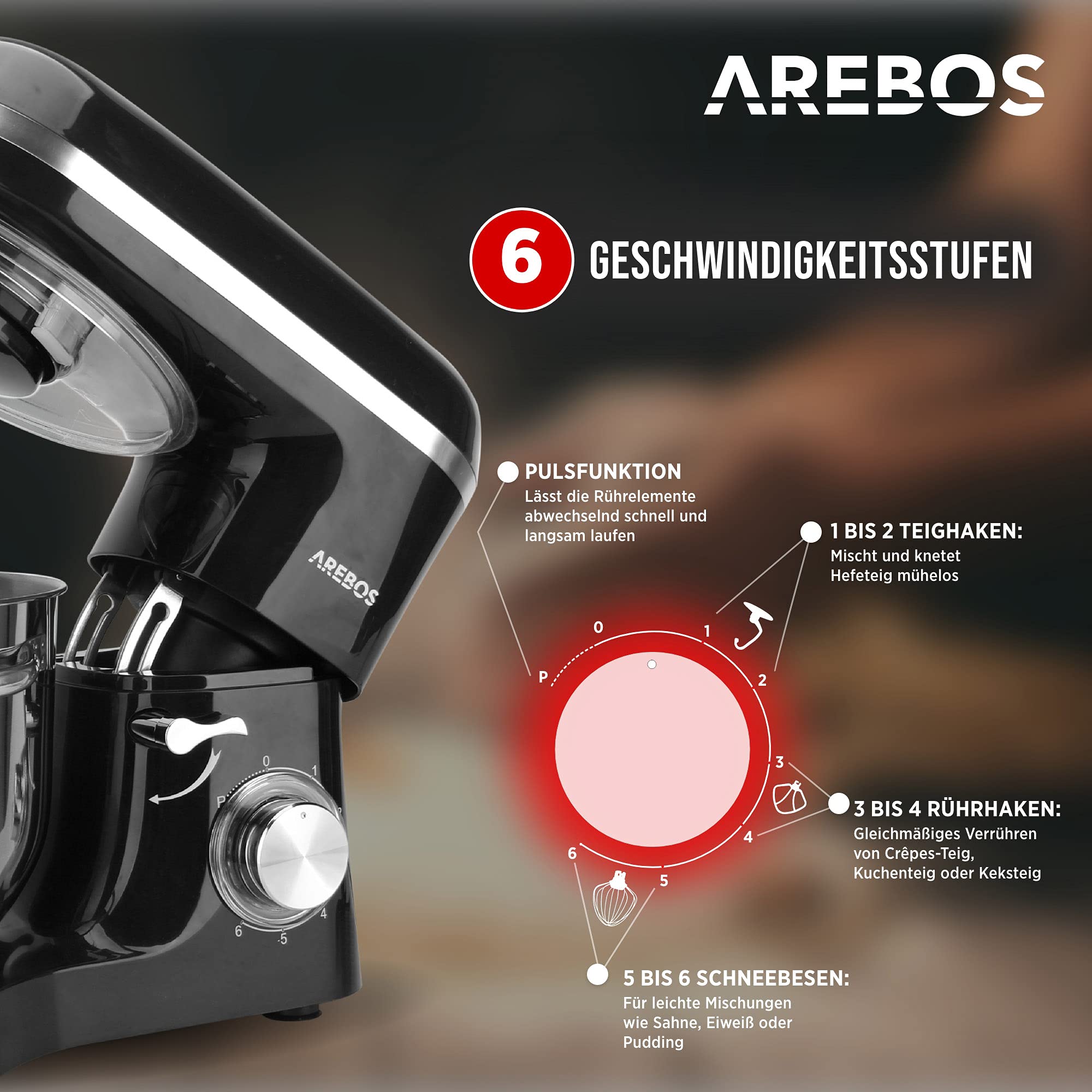 Arebos Küchenmaschine 1500W mit 6L Edelstahl-Rührschüssel | Schwarz | inkl. Rührhaken, Knethaken, Schneebesen | Spritzschutz | 6 Geschwindigkeiten | Knetmaschine | Teigmaschine