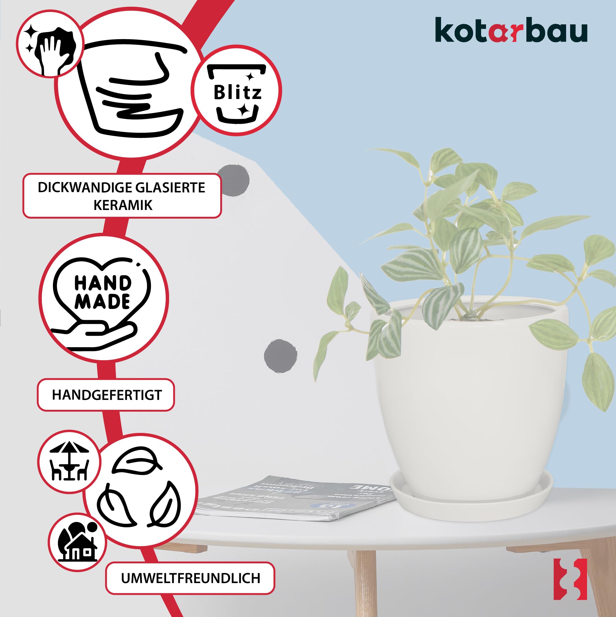KOTARBAU Pot de fleurs avec soucoupe - Blanc - Diamètre : 31 cm - Hauteur : 30 cm - En céramique émaillée - Grand pot de fleurs pour cactus