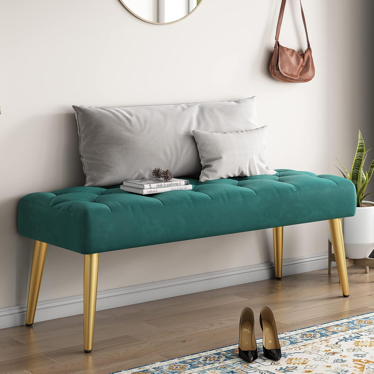 Panchina Con Contenitore In Velluto Verde Scuro - Gambe Dorate, Per Camera O Soggiorno - Foto 2