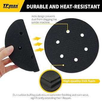 TPmax 6 Inch 6 Hole 100 Pcs 180 Grit Sanding Discs & 5 Pcs Interface Pads | Premium Gold Sandpaper & Sponge Cushion Buffering Backing Pads | Hook & Loop for Random Orbital Sander