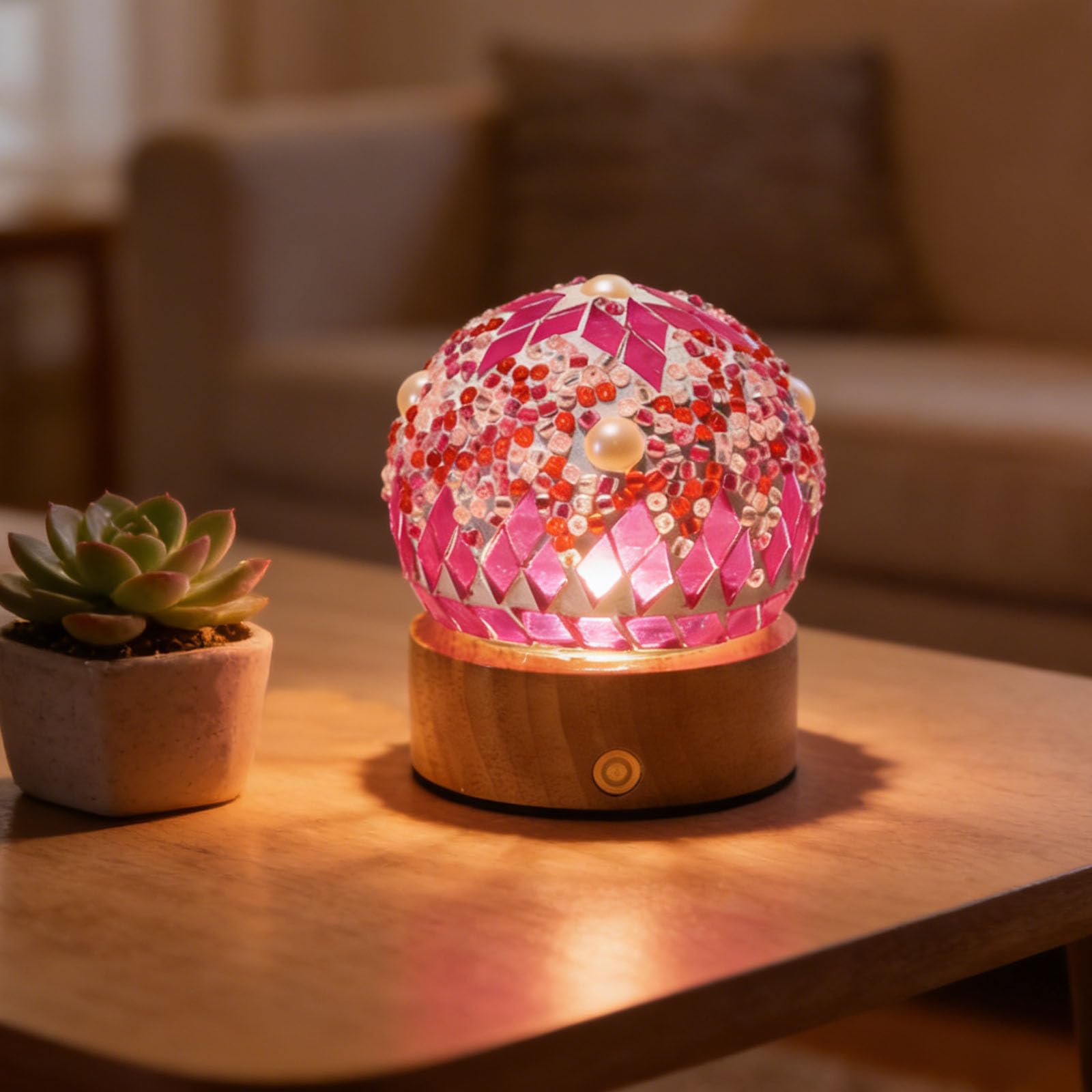 shulovehua Vintage Moroccan Night Light with Wooden Base USB Charging Supply Dimmable Bohemian Bedside Glass Lamp Suitable for Children's Room Bedroom Living Room Home Decoration (Morocco Pink)