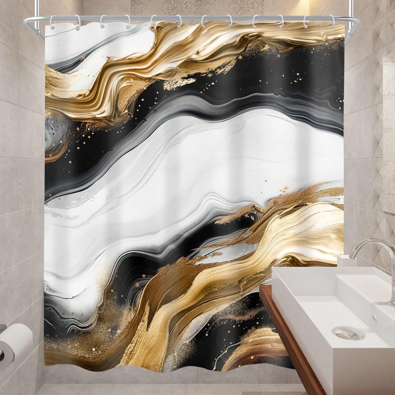 Cortina de ducha abstracta con efecto degradado de mármol, estética moderna, lujosa, con textura dorada y grietas, decoración neutra para baño con ganchos (240 x 199 cm / 94 x 87 pulgadas (WxH)
