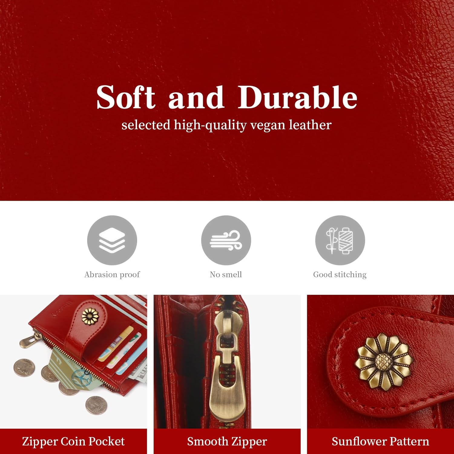 Womens Wallet,RFID Blocking Wallet Women Soft Leather Bifold Wallets For Women Card Holder With Removable ID Window winered - Image 8