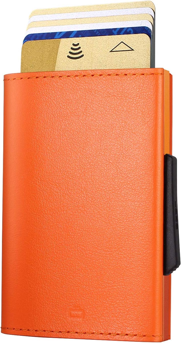ÖGON -DESIGNS-OGON Automatic Leather wallet Cascade Slim - Compact aluminum RFID blocking card holder - Up to 8 cards and banknotes