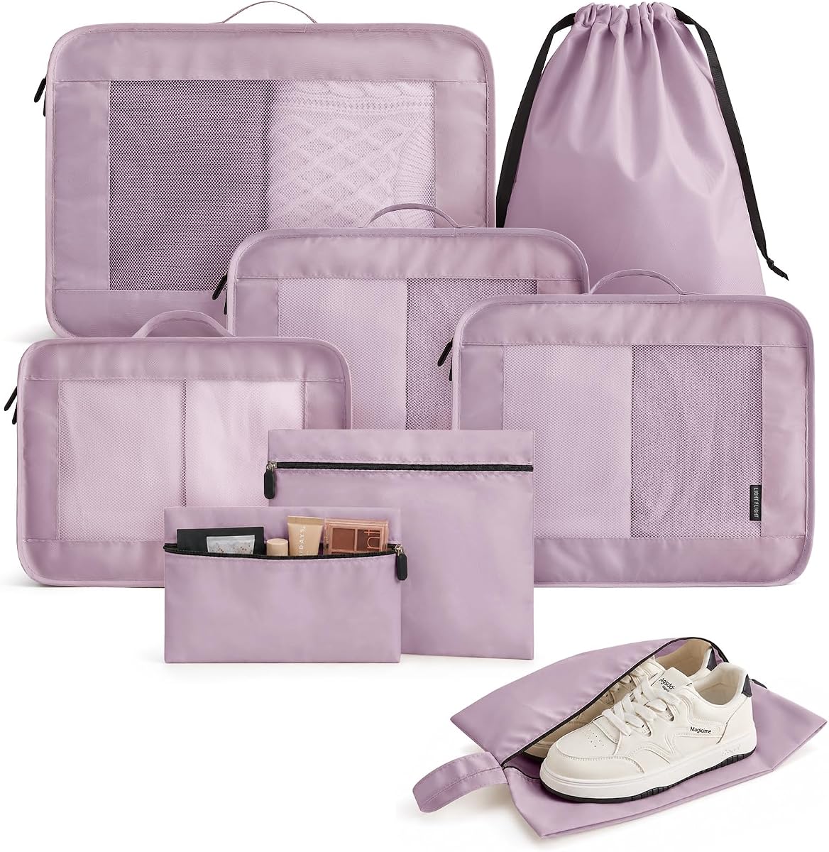 LIGHT FLIGHT Juego de 8 cubos de embalaje para viajes, artículos esenciales para viajes en cruceros | Paquete de 8 bolsas de embalaje, bolsas organizadoras de equipaje de malla y bolsas de zapatos de lavandería para capacidad máxima de ropa, vacaciones, Camping