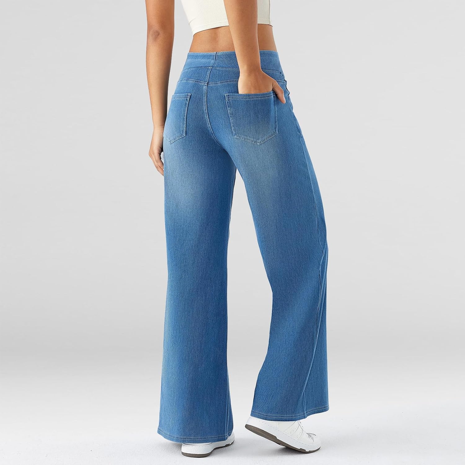 Fanica Women's Baggy Wide Leg Jeans, High Waisted Relaxed Fit Stretch Pull On Soft Denim Pants with Pockets - Image 2
