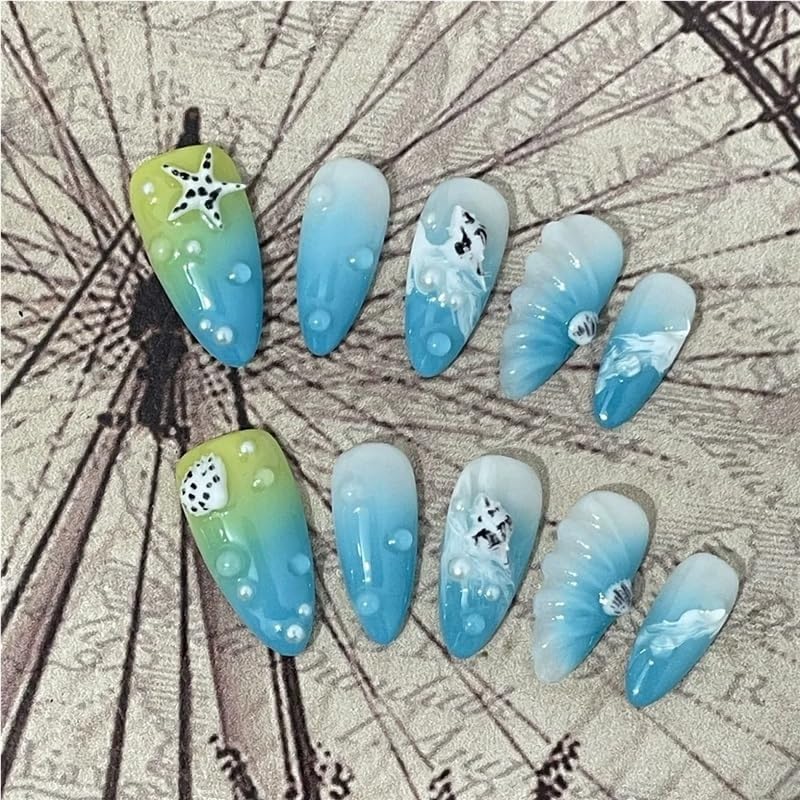 ビーチハンドプレスネイル 3Dウォータードロップ フェイクネイルデコレーション ライトブルーグラデーションアーモンド Y2K フェイ