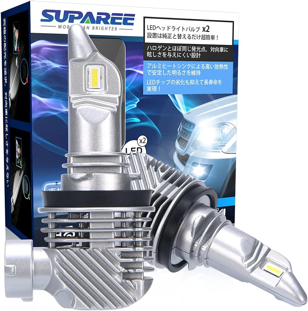 Amazon Suparee H8 H11 Led ヘッドライト 新車検対応 100lm 40w 12v 24v車対応 ハイブリッド車 Ev車対応 ホワイト 6500k ファンレス 爆光 フォグランプ 2個入 3年保証 Ledバルブ 車 バイク