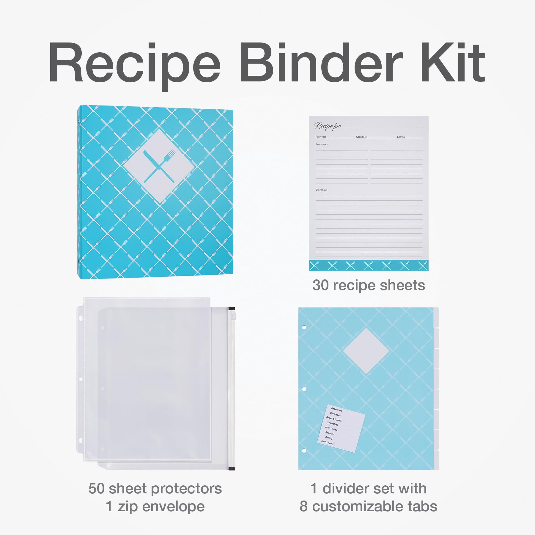 Oxford Kit raccoglitore per ricette, set regalo in scatola con raccoglitore a 3 anelli da 21,5 x 12 cm, 30 fogli di ricette, 50 protezioni per fogli, set di divisori, etichette e custodia con cerniera