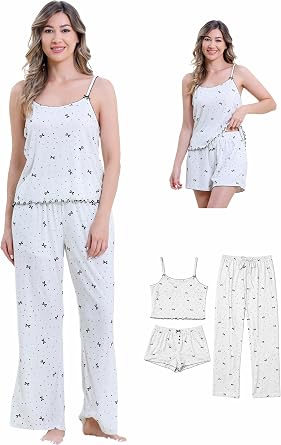 DITOK Pajamas for Women Set 3 Piece Bow Print Pajamas Set Soft Tank Top and Shorts Sleepwear Women Pajama Pants Pj Sets
