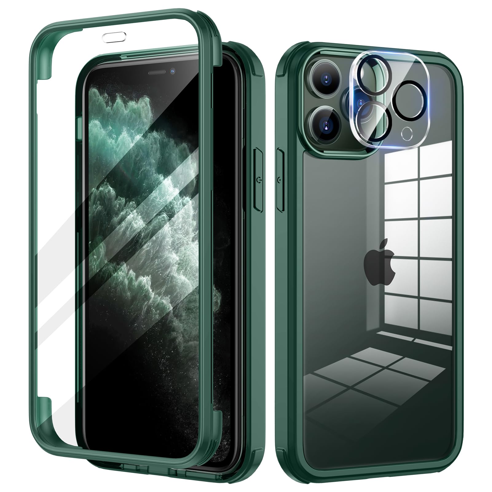 seacosmo Cover per iPhone 11 Pro, [9H HD] con Vetro Temperato Integrato Schermo, Pellicola Fotocamera, 360 Gradi Antiurto Protezione Fronte Retro Rugged Custodia Slim Doppia Faccia Case - Verde