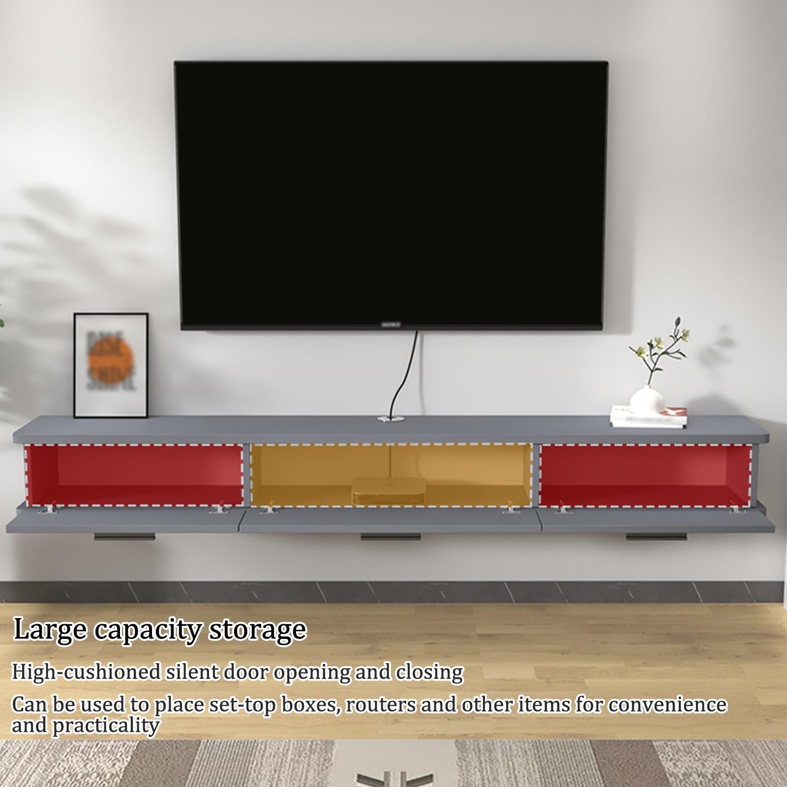 Schwebender TV-Ständer Regal, Wandhalterung, lange TV-Konsole mit Klapptür, stilvolle Wandaufbewahrung für Wohnzimmer, schwarze Streifen, 180 x 22 x 20 cm