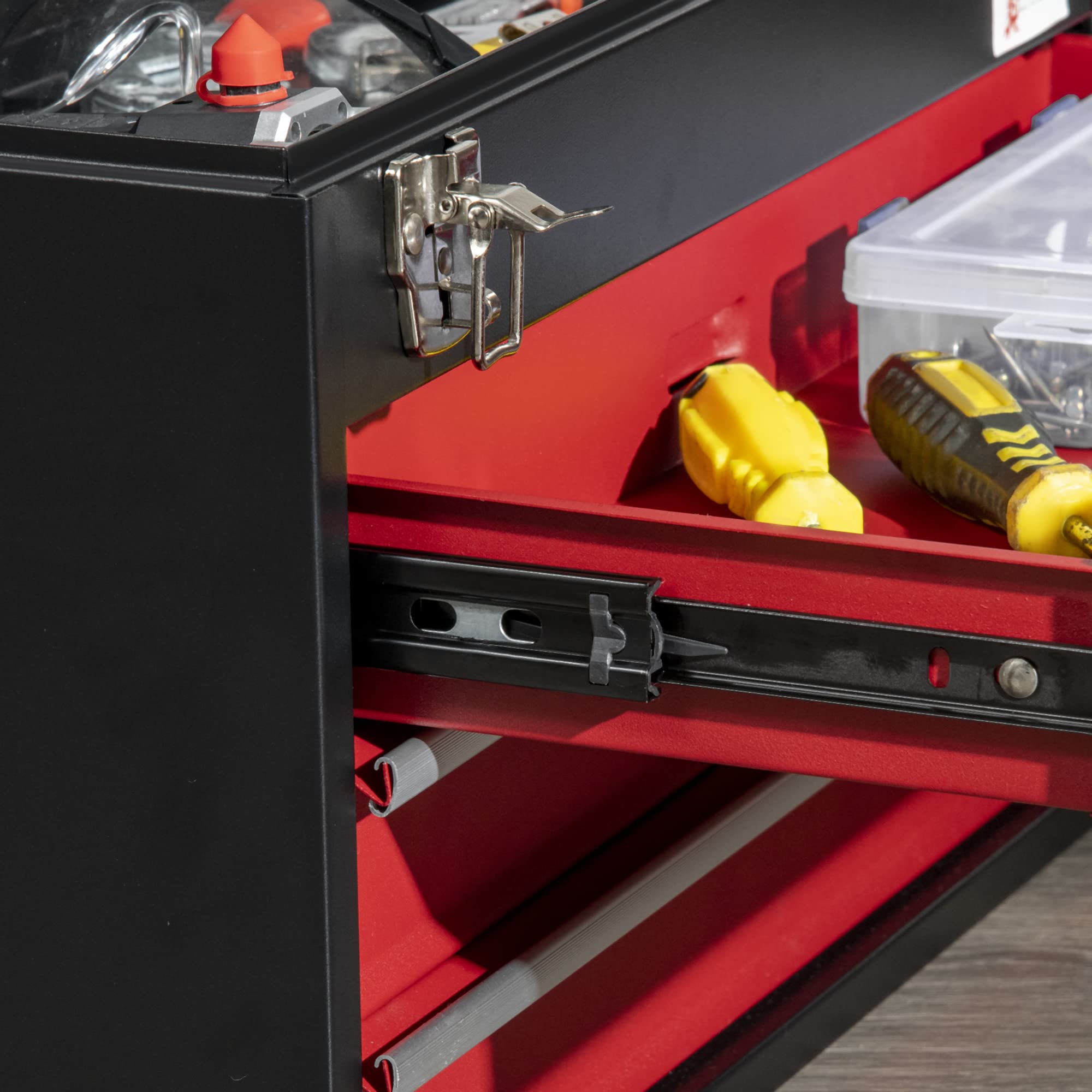 Mallette à outils DURHAND vide, 51 x 22 x 32 cm Boîte à outils avec 3 tiroirs, compartiment de rangement supérieur, poignée, caisse à outils avec 2 serrures, en acier, noir+rouge