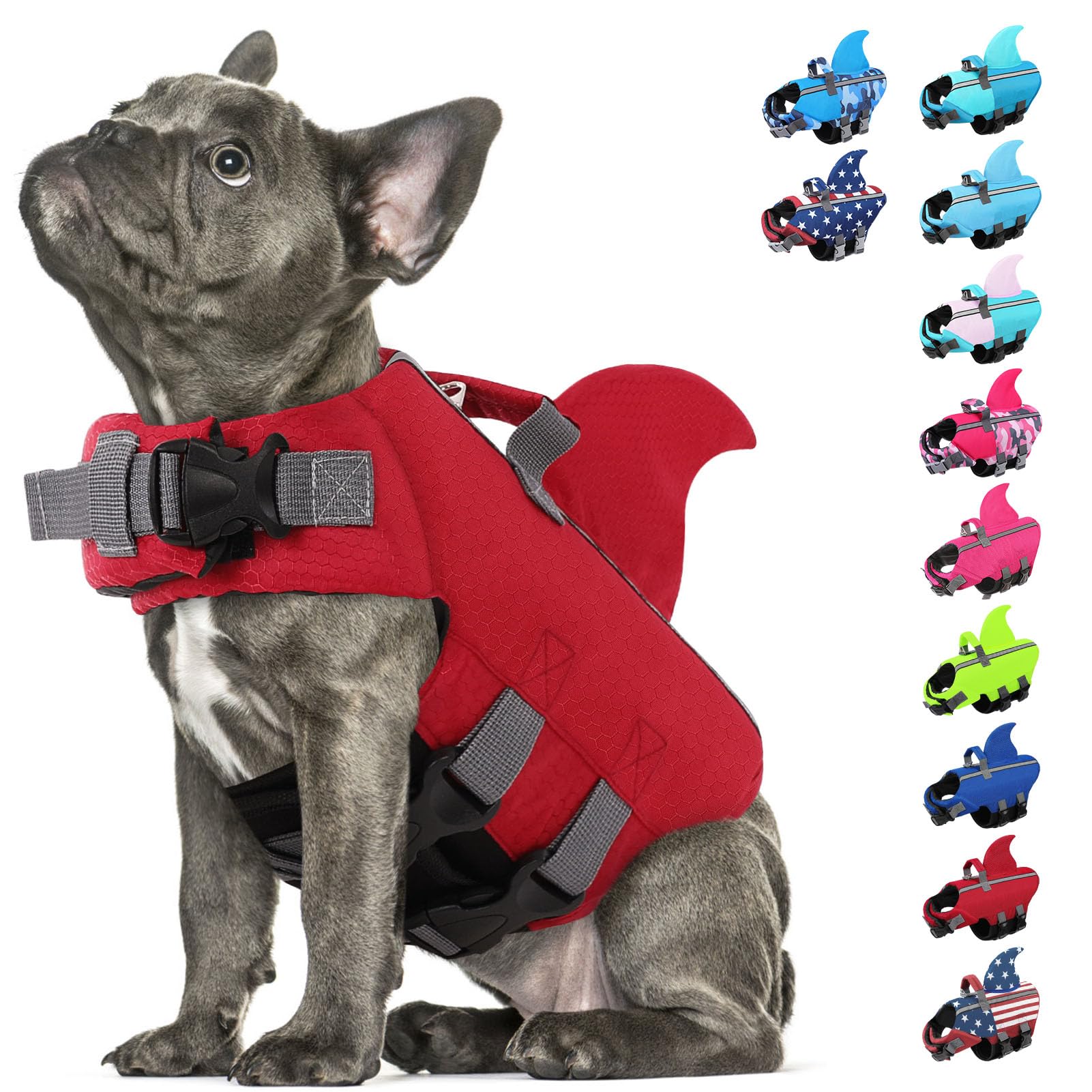 SUNFURA Dog Life Jacket Shark Life Vest for Dogs, Adjustable Swmming Vest with High Buoyancy, Safety Lifesaver with Rescue Handle for French Bulldog