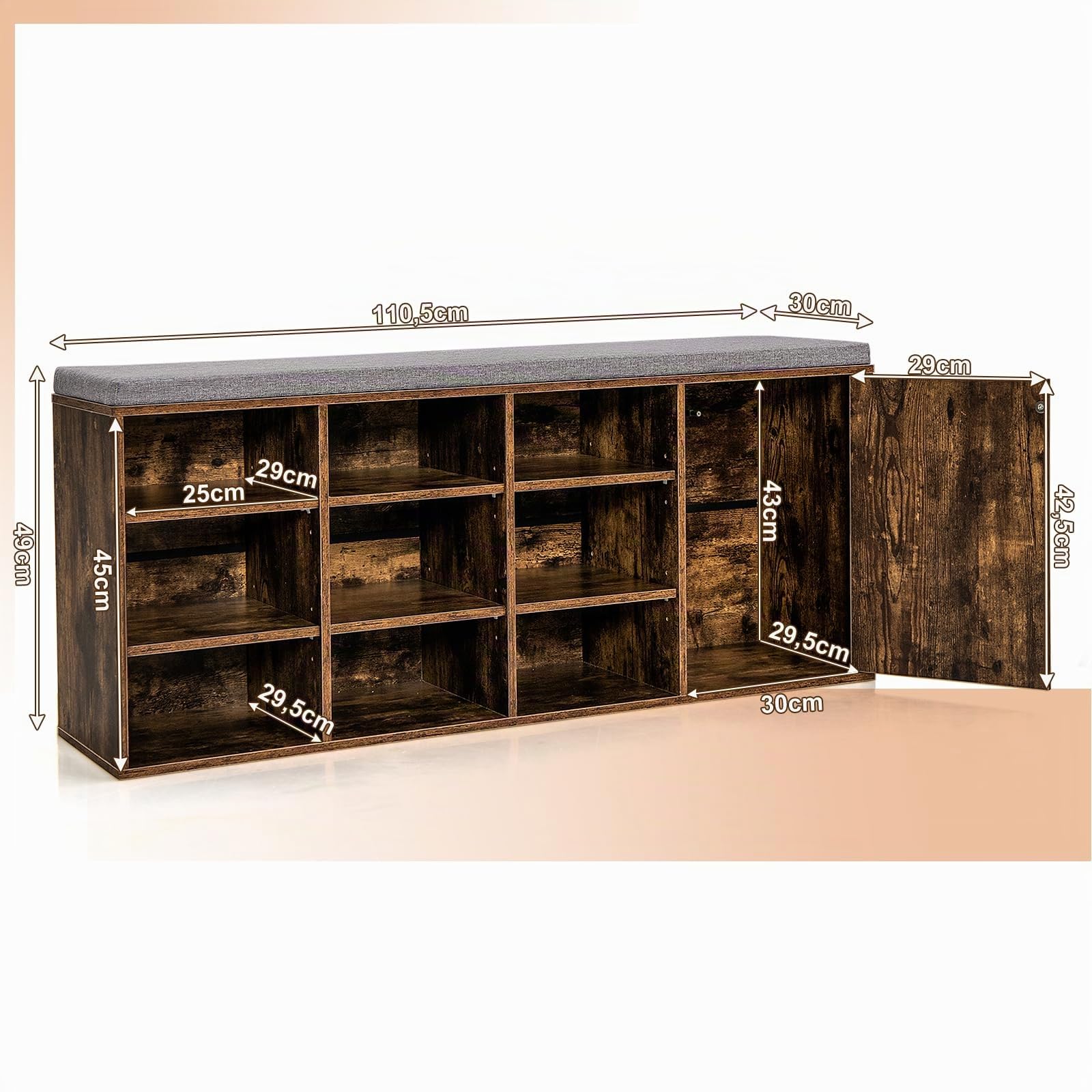 COSTWAY Panca Scarpiera da Ingresso, Scarpiera con Seduta Imbottito, 9 Scomparti e Armadio con Ante, Panca Contenitore con Ripiani Regolabili, per Camera da Letto Corridoio, 110,5x30x49 cm (Marrone)