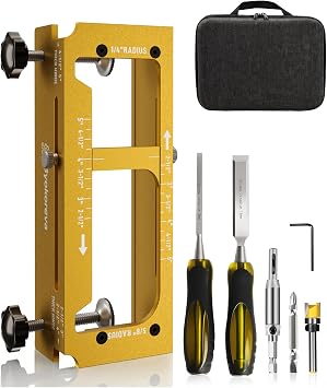 Door Hinge Jig Kit with Wood Chisel, Aluminum Alloy Adjustable Mortise Template for Router, Fits 2.5"5" Hinges with 1/4" or 5/8" Radius and Square Corners, For 1-3/8" and 1-3/4" Thick Wood Doors