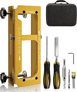 Door Hinge Jig Kit with Wood Chisel, Aluminum Alloy Adjustable Mortise Template for Router, Fits 2.5"–5" Hinges with 1/4" or 5/8" Radius and Square Corners, For 1-3/8" and 1-3/4" Thick Wood Doors