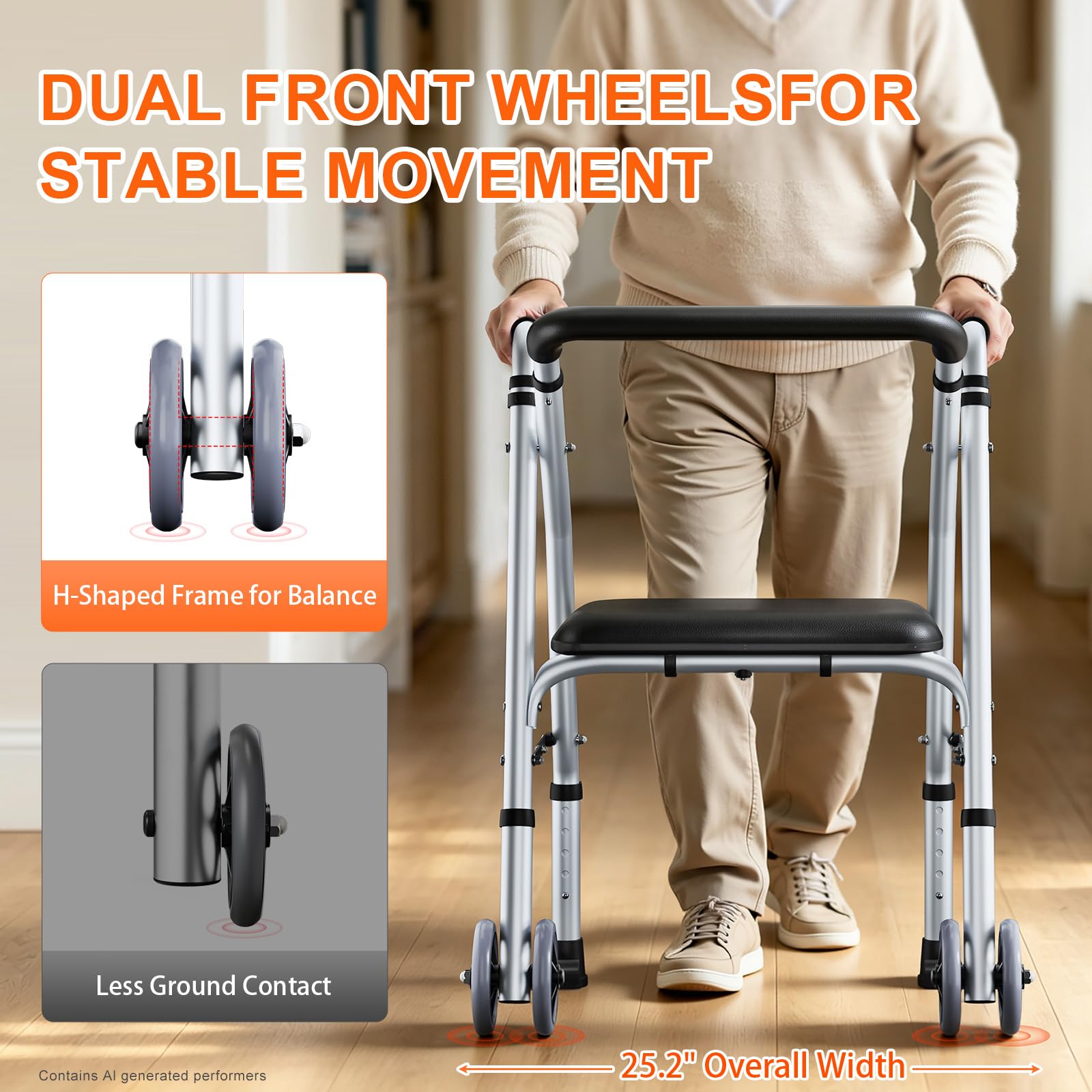 Standard Walkers for Seniors with Seat, with 2 Skis & 5”Wheels — Amazon image 3