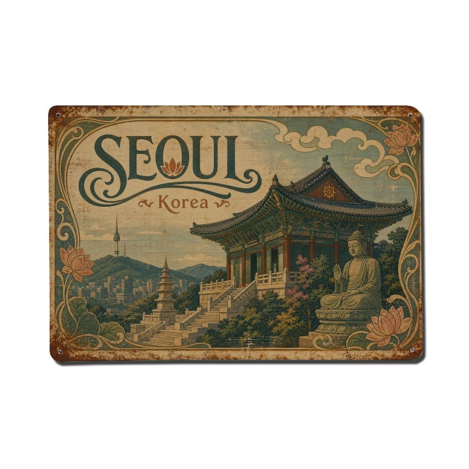Seoul Korea Temple Gate City Landmark Travel Metal Tin Sign