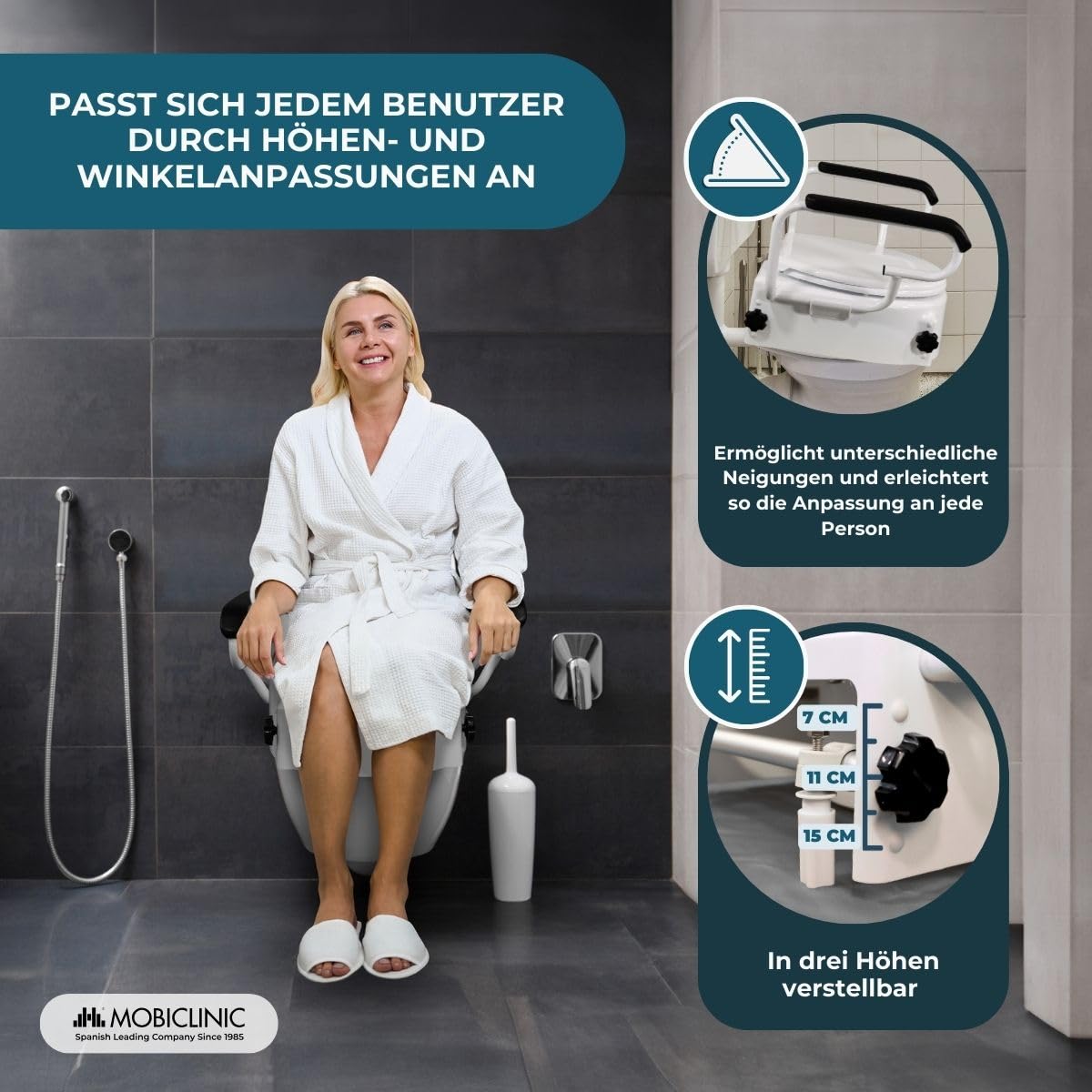 Mobiclinic®, Toilettensitzerhöhung mit Klappbaren Armlehnen, Tajo, 19 cm, mit Deckel, Höhenverstellbar (3 Stufen), Kippbar, Ideal für Senioren & Menschen mit Behinderung, Weiß