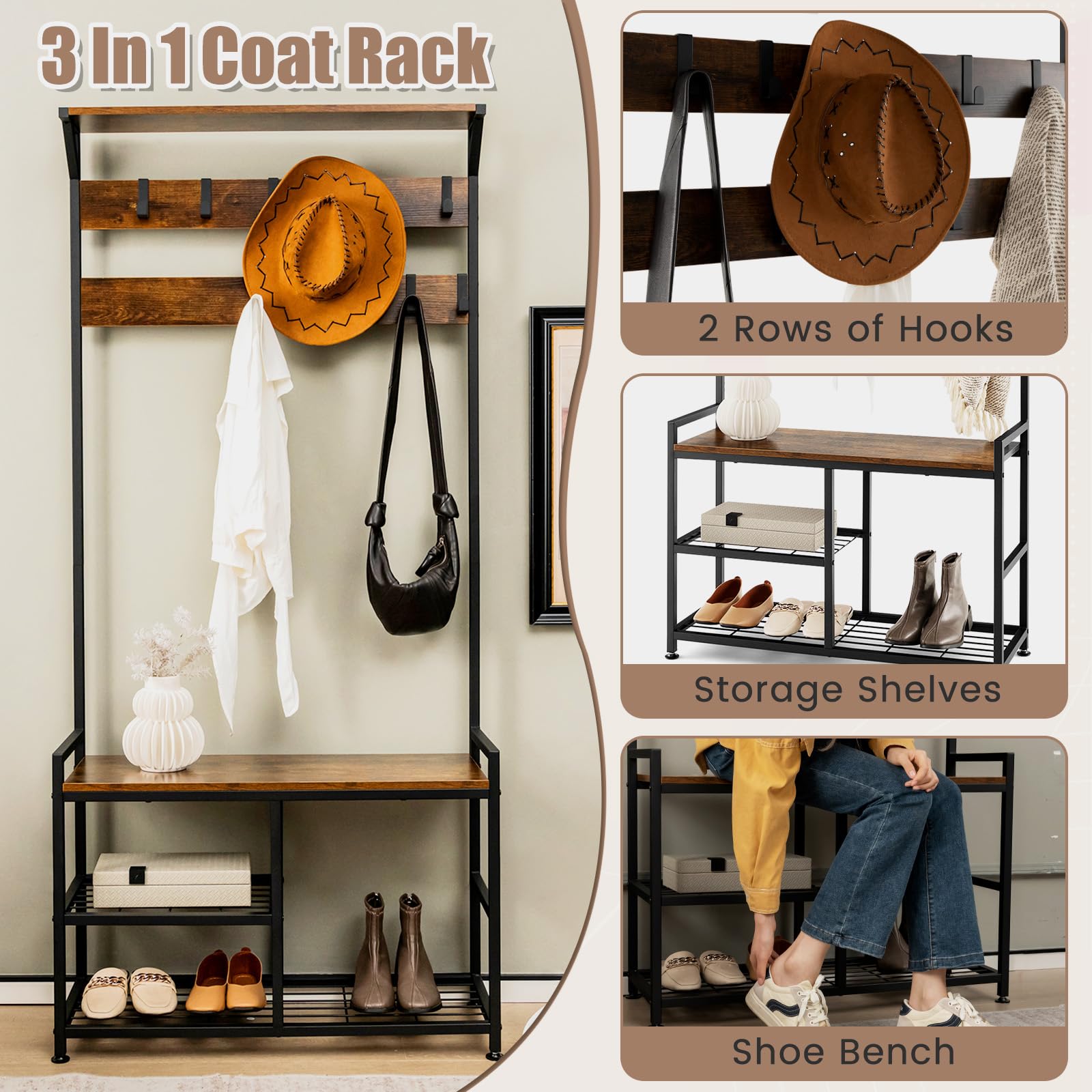 Appendiabiti 3 In 1 GIANTEX Con Panca - Scaffale Ingresso, 9 Ganci Mobili, Antiribaltamento - Foto 4