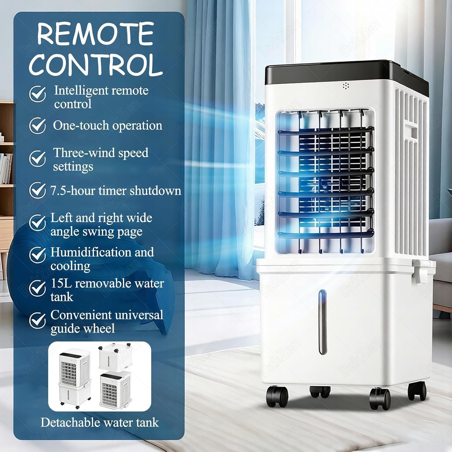 Climatiseur portable 3 en 1 et humidificateur d'air refroidi à l'eau, Climatiseur Mobile Sans Évacuation, réservoir d'eau de 15L,Réservoir d'eau Amovible Télécommande Refroidisseur d'air Climatisation