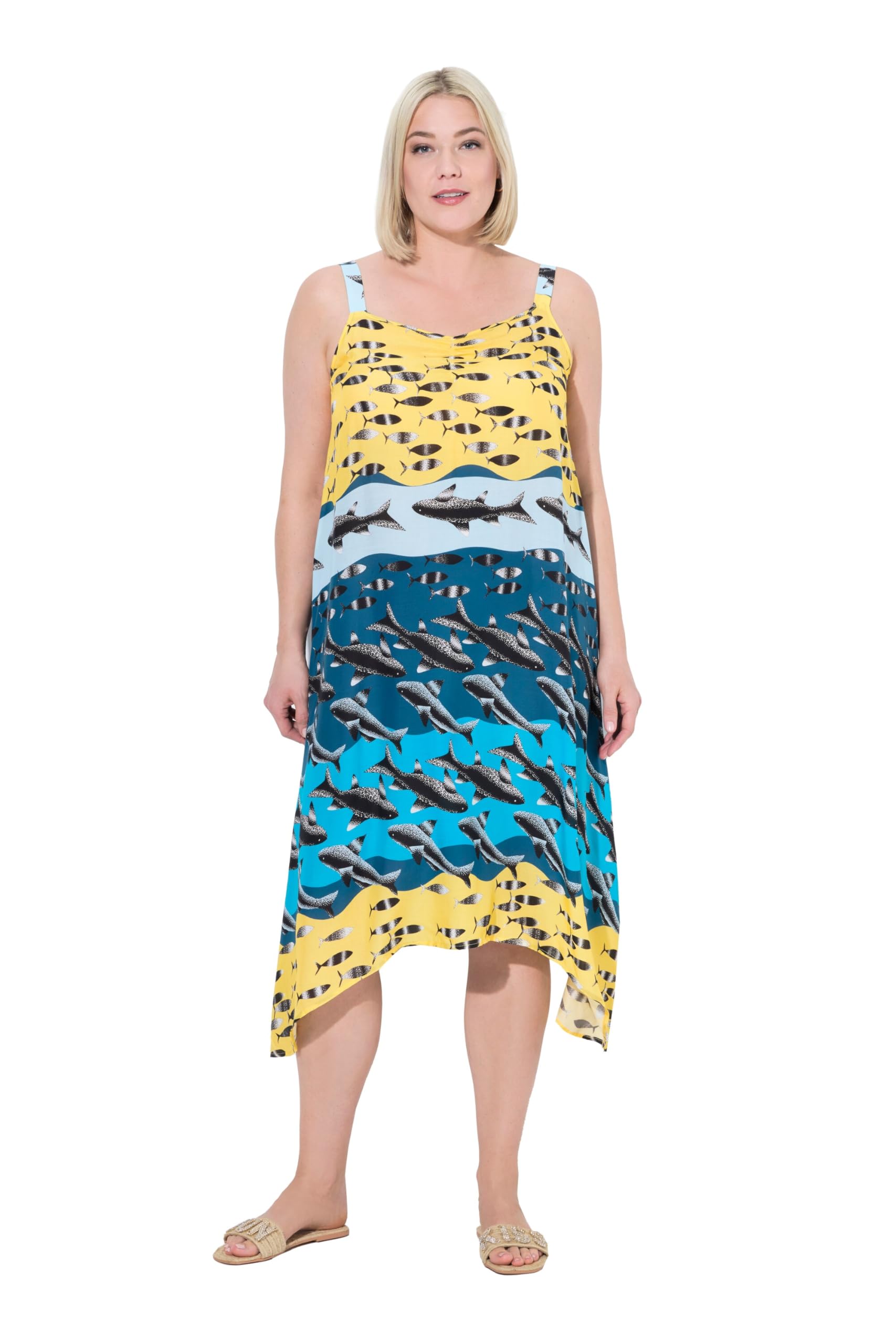 Ulla Popken Damen große Größen Übergrößen Plus Size Kleid, Fische, A-Linie, V-Ausschnitt, ärmellos 837333