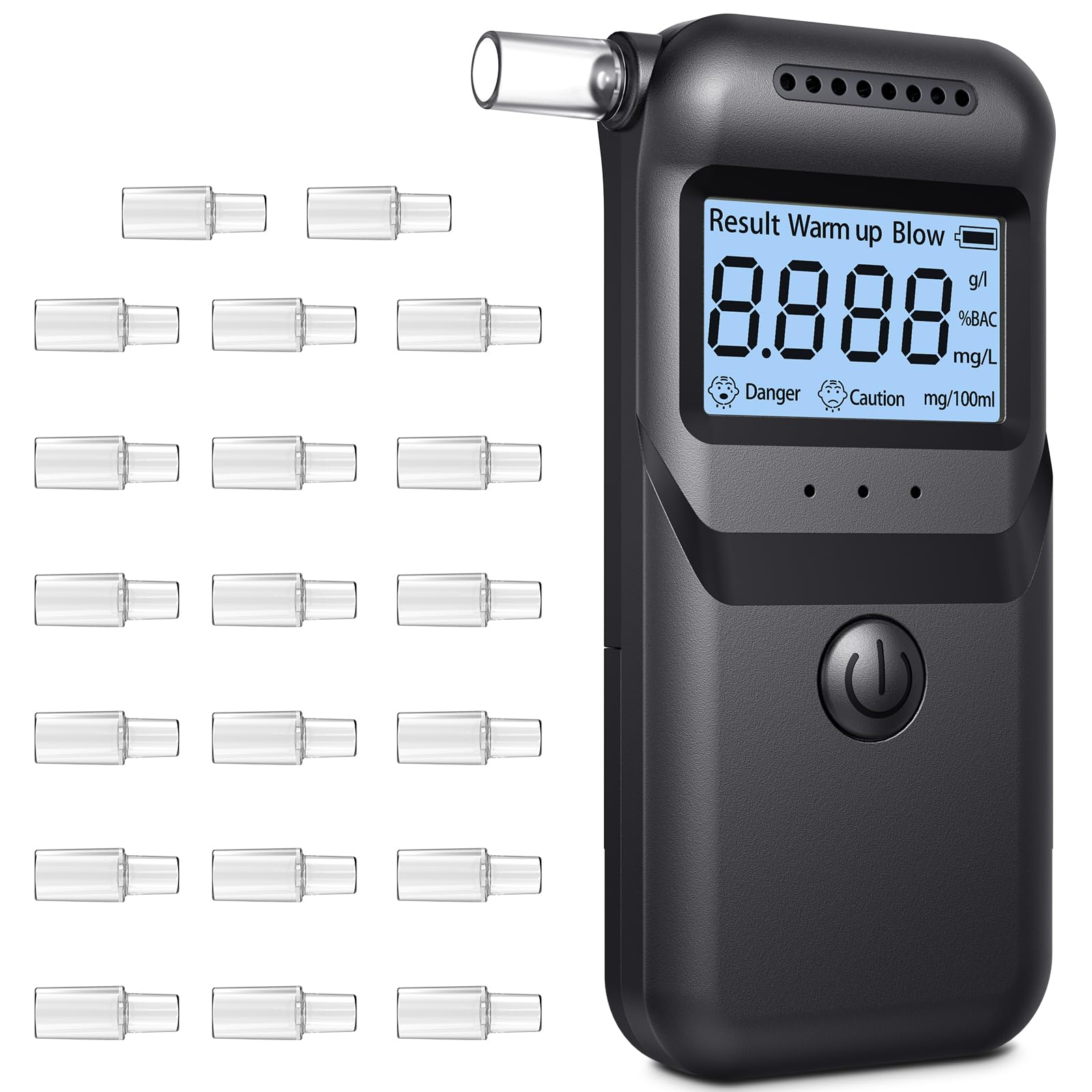 FIVAVA Alcoholimetro Digital Homologado, Alcoholímetro Alcohol Test | Precisión ±0,01% | Portátil LCD Digital | 20 Boquillas Reutilizables | Test Alcoholemia Uso Doméstico/Profesional