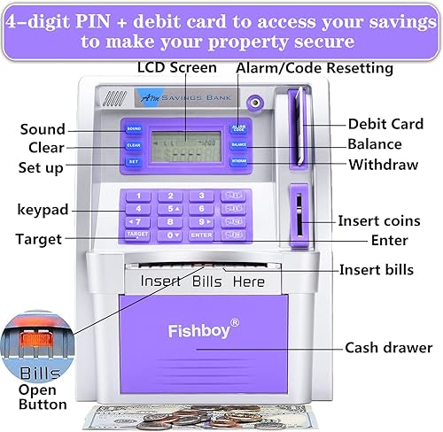 Miniatura 3 de Fishboy Alcancía para cajeros automáticos para niños con memoria de apagado y tarjeta de débito para dinero real, apagado de Onekey, reconocimiento