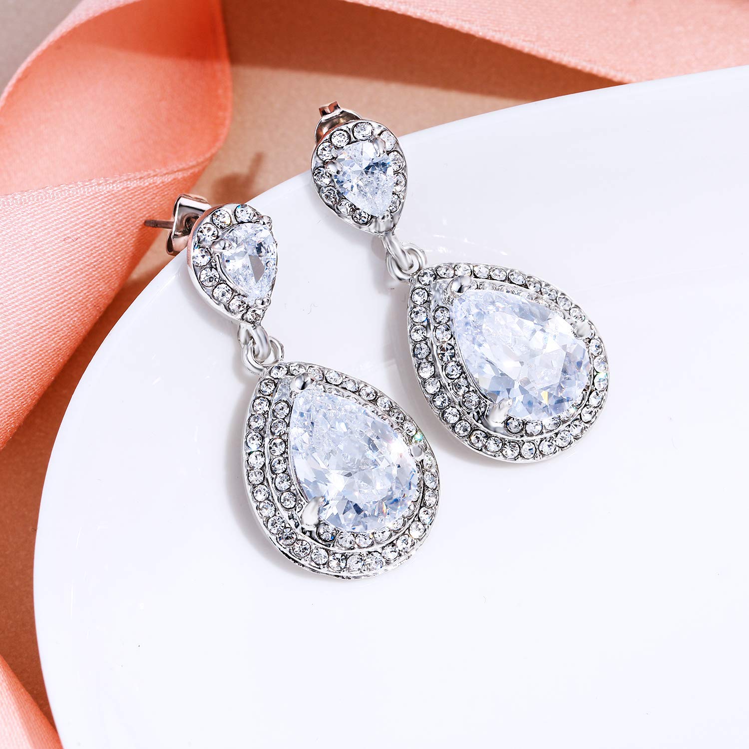 EVER FAITH® - Bling CZ Cristal Austriaco Novia Pendientes Joyería Plata-Tono N04154-1