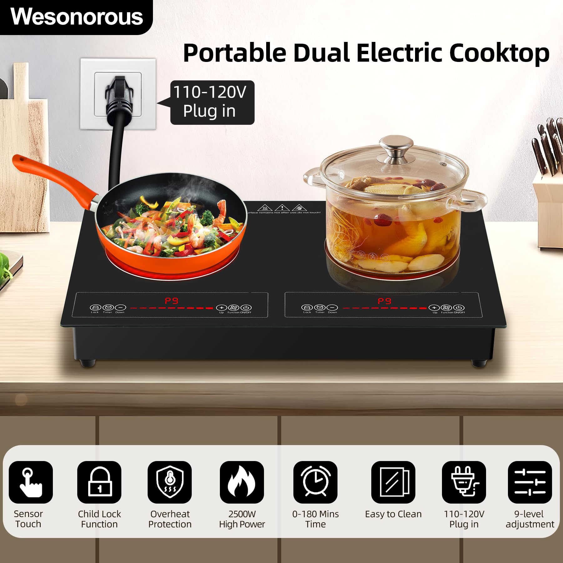 Wesonorous 2 Burner Electric Cooktop,110V 2500W Electric Stove Top with Touch Control,9 Heating Level,Timer & Kid Safety 2 burner cooktop. view 3
