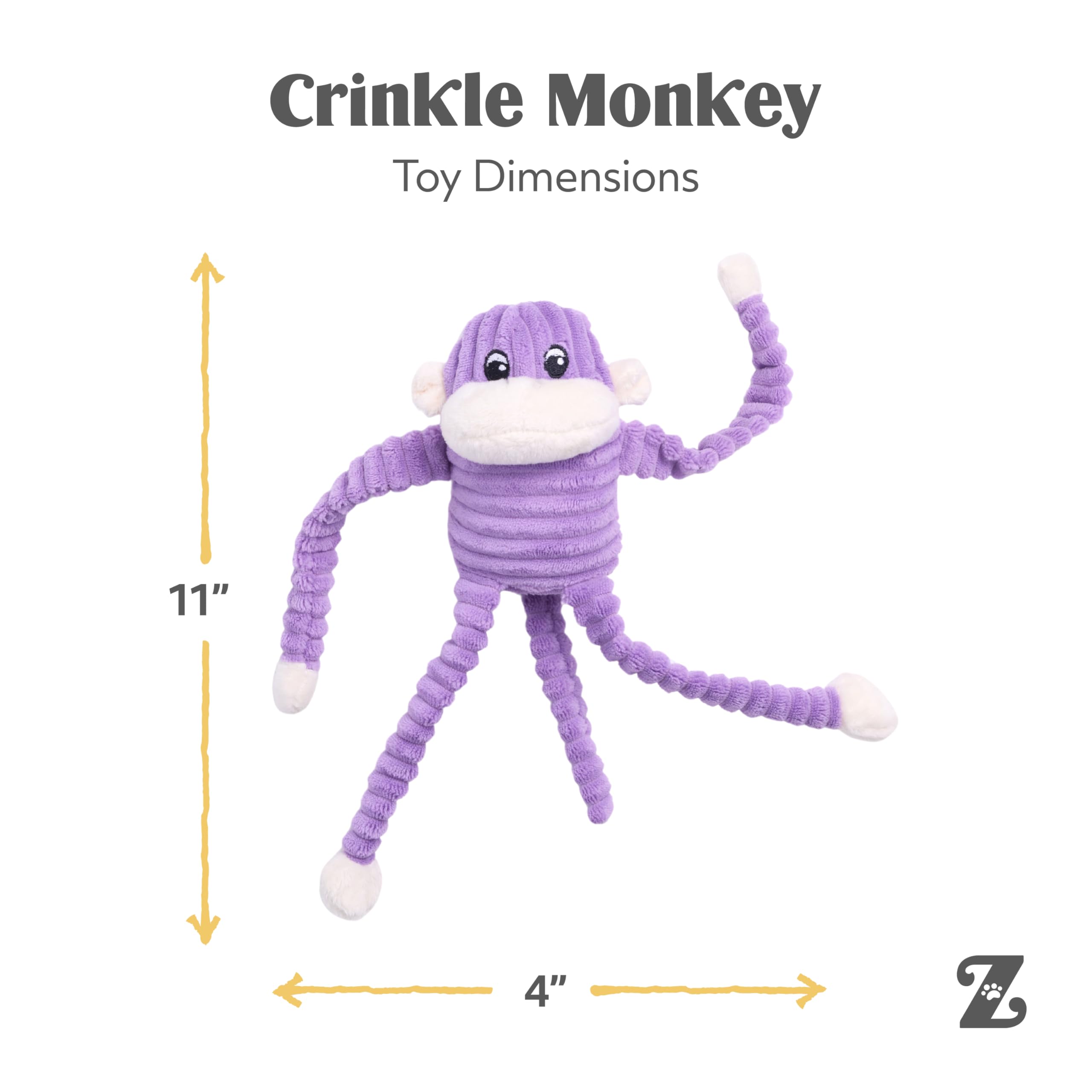 ZippyPaws - Zabawka dla psa Spencer The Crinkle Monkey, piszcząca i marszczona pluszowa zabawka - fioletowa, mała