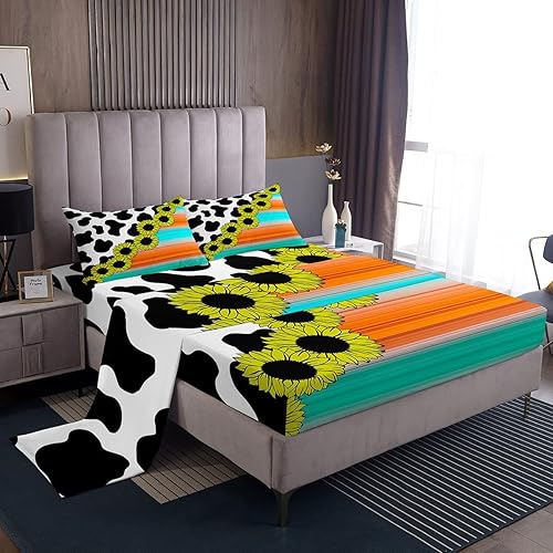 Miniatura 1 de Manfei Juego de sábanas con estampado de vaca tamaño matrimonial, juego de sábanas con degradado azul y naranja, 4 piezas con sábana bajera de