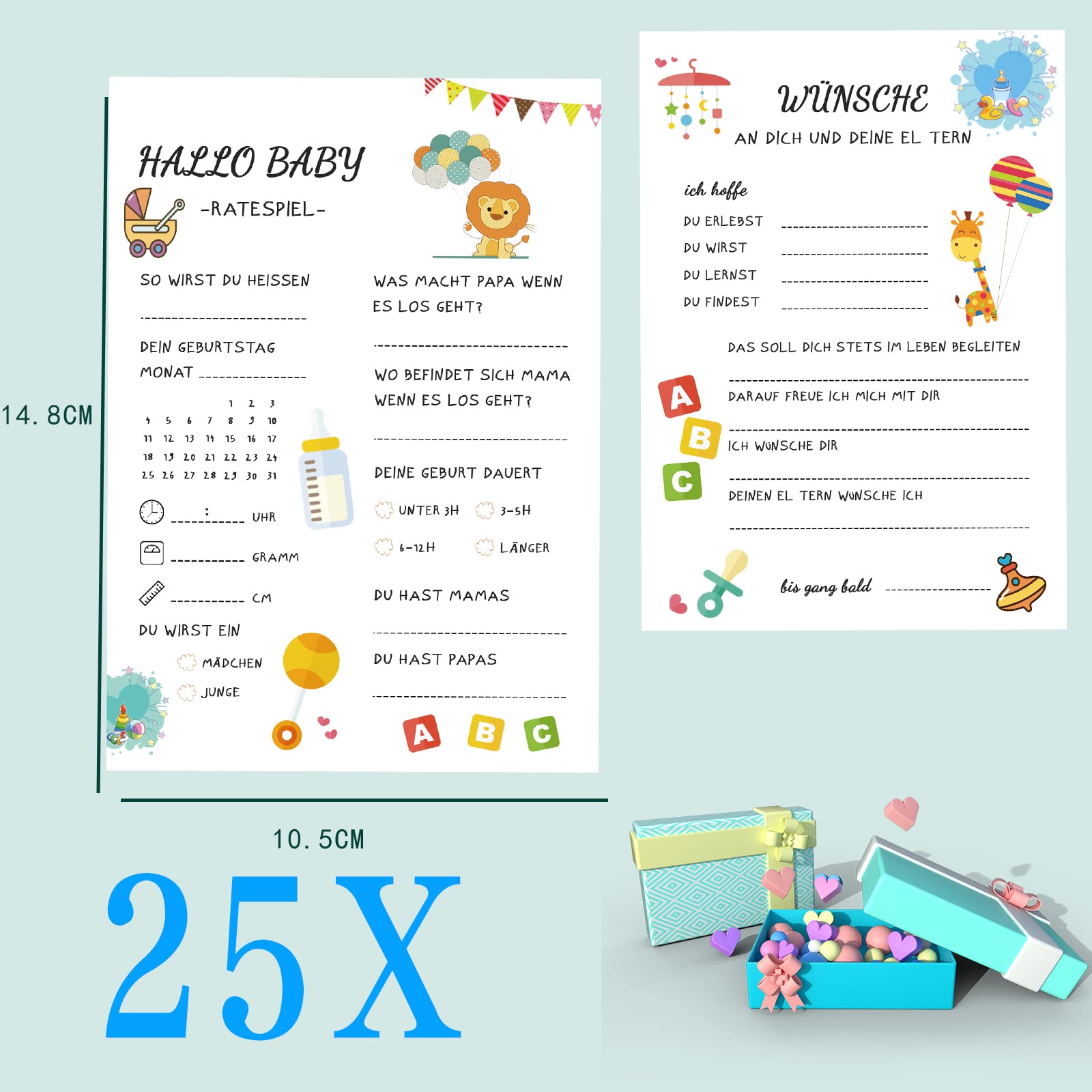 Babyparty Ratespiel-Karten – 25 Stück, A6, Geschlechtsneutral, Inkl. Umschlag (deutsch)