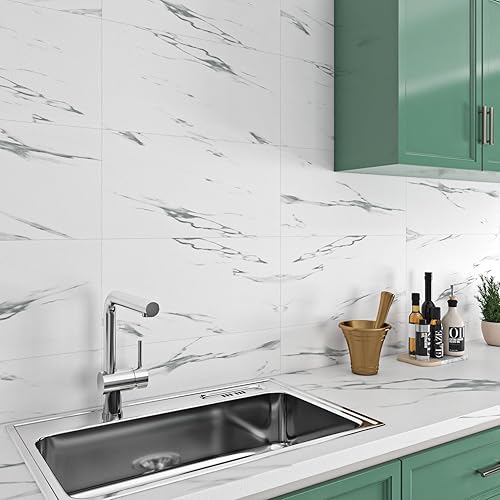 Miniatura 4 de Livelynine Azulejos de mármol blanco para despegar y pegar, 24 x 12 pulgadas, 4 piezas de azulejos blancos para cocina, baño, azulejos de pared