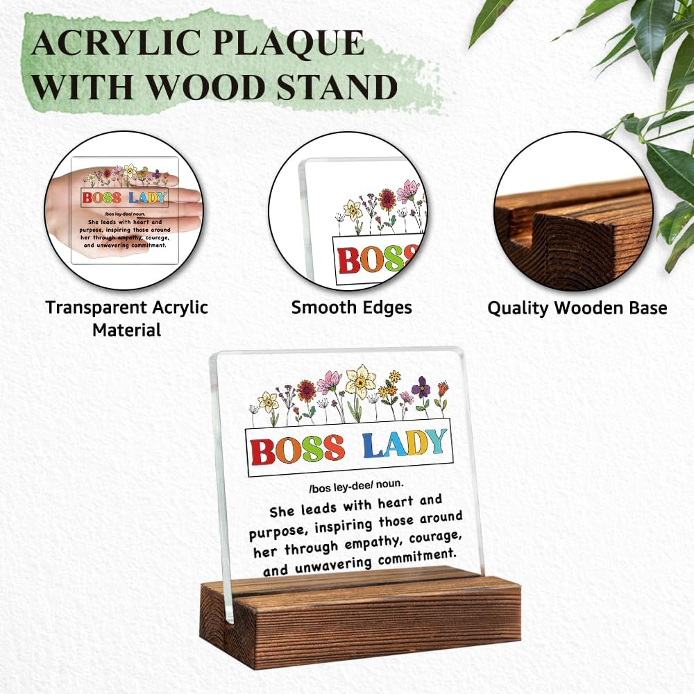 Boss Lady Definition Acrylic Sign with Wood Stand, Floral Christmas Birthday Gifts for Female Leader, Boss Gifts for Women, Female Manager, Strong Women Empowerment Present, Boss Day Present image 3