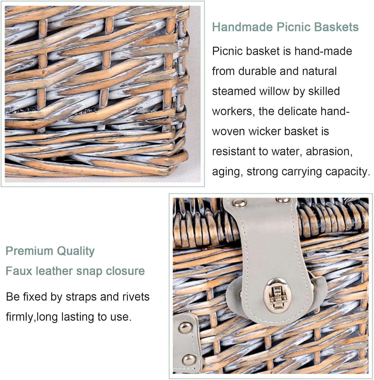 Picnic Basket Set for 4 Persons, Willow Picnic Basket with Insulated Cooler Bag and Tableware, Handmade Gift Hamper for Outdoor Lake Beach Camping and Party