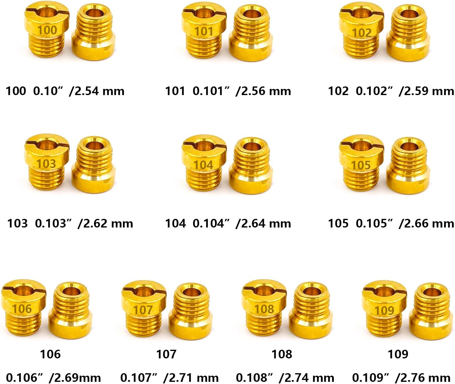Holley 1/4-32 Main Jets kit,20 Jets,2 each of size 100 101 102 103 104 105 106 107 108 109,Thread size: 1/4"-32 Fits Holley 2010,2300,4010,4011,4150,4160,4500