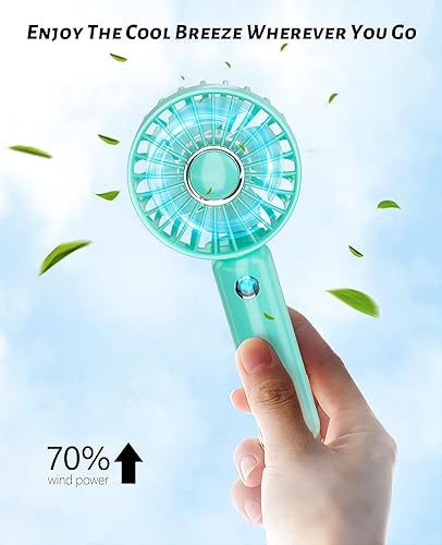 Vista 2 de Mini ventilador portátil de mano, pequeño ventilador personal con pilas, ventilador de pestañas, silencioso USB, recargable, 3 velocidades, Azul