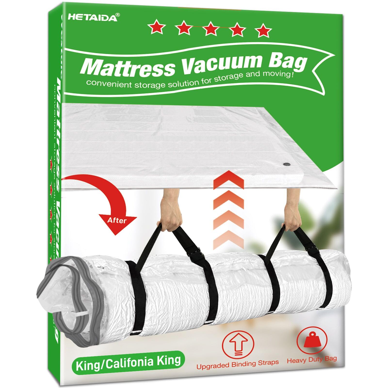 Sac de rangement sous vide pour matelas King size/Califonia King - Étanche - Double fermeture éclair - Sacs de rangement sous vide - Économie d'espace pour matelas en mousse à mémoire de forme et