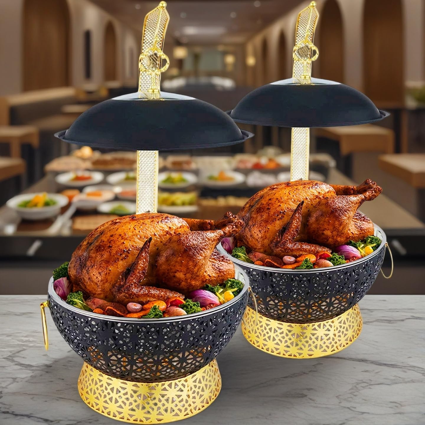 Black Chafing Dishes for Buffet,8Qt Luxury Chafing Dishes with Hanging,Elegant Hollow-Out Buffet Warmer for Weddings, Parties, Catering & Events,4 Packs