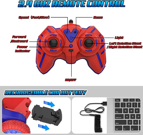 Spider Remote Control Car Toy for Boy 4-10 Years Old, Stunt Monster Truck
